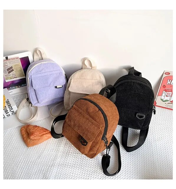 Mini zaino da donna alla moda Zaini piccoli in velluto a coste tinta unita Zaini da viaggio per studenti semplici e casual_voghion.com
