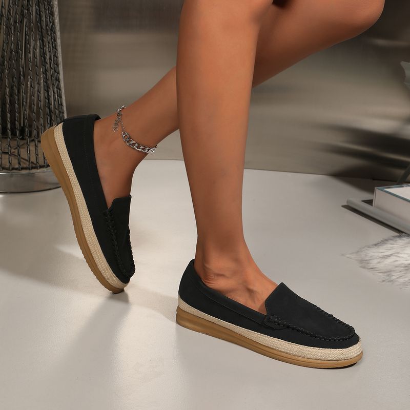 Női cipők lapos talpú cipők nőknek, négy évszakos cipők, fekete kötéltalpú, kerek orrú, ingázó cipők, személyiséghez illő, hétköznapi cipők, sportcipők, bebújósak_voghion.com