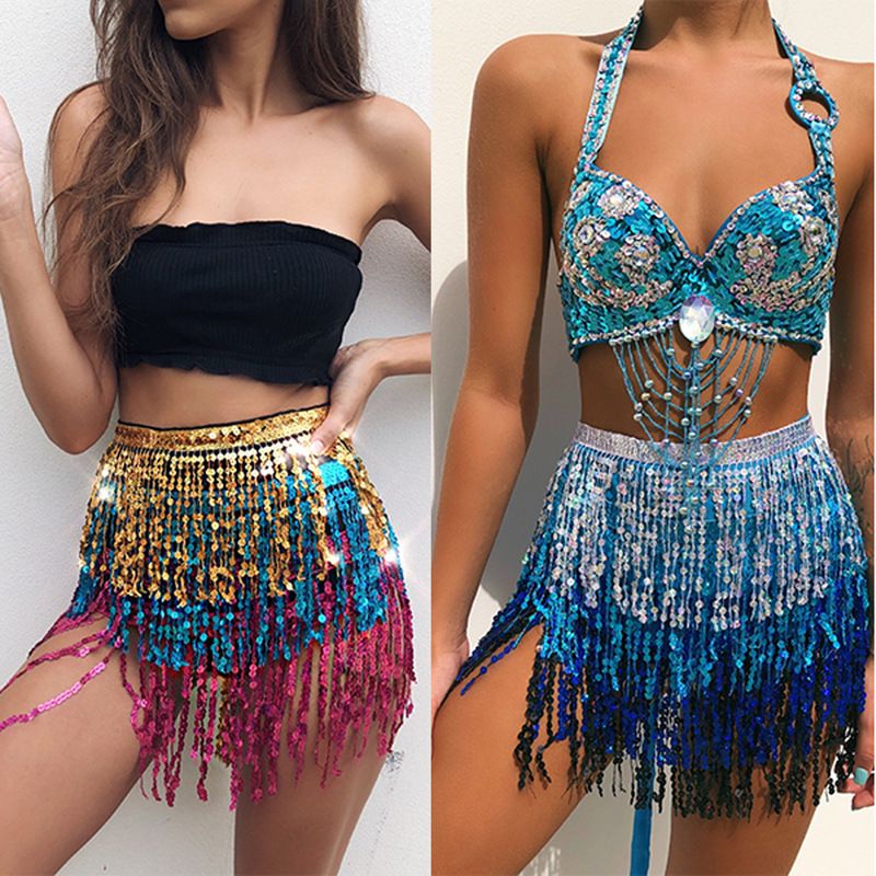Halloween Belly Dance Four-Layer Tassel Chain Bohemian Hip Skirt New Waist Scarf Sequin Belt_voghion.com