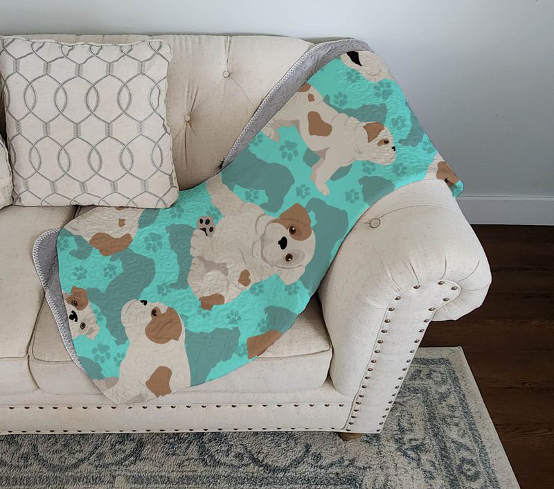 Piebald English Bulldog Quilted Blanket 50x60 Artwork Pattern Quilted Throw Blanket for Bed, Couch, Sofa, Soft and Lightweight_voghion.com