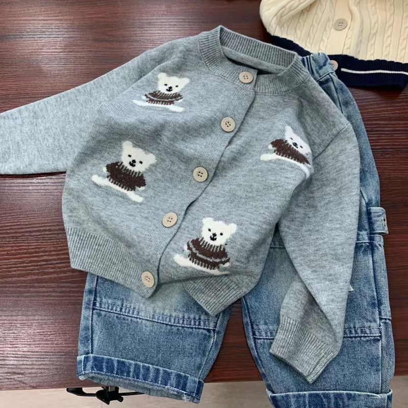 Ropa para niños Ropa para niños Cárdigan de punto de oso para niño 24 Primavera Nuevo estilo Abrigo de lana bordado de moda para niña_voghion.com