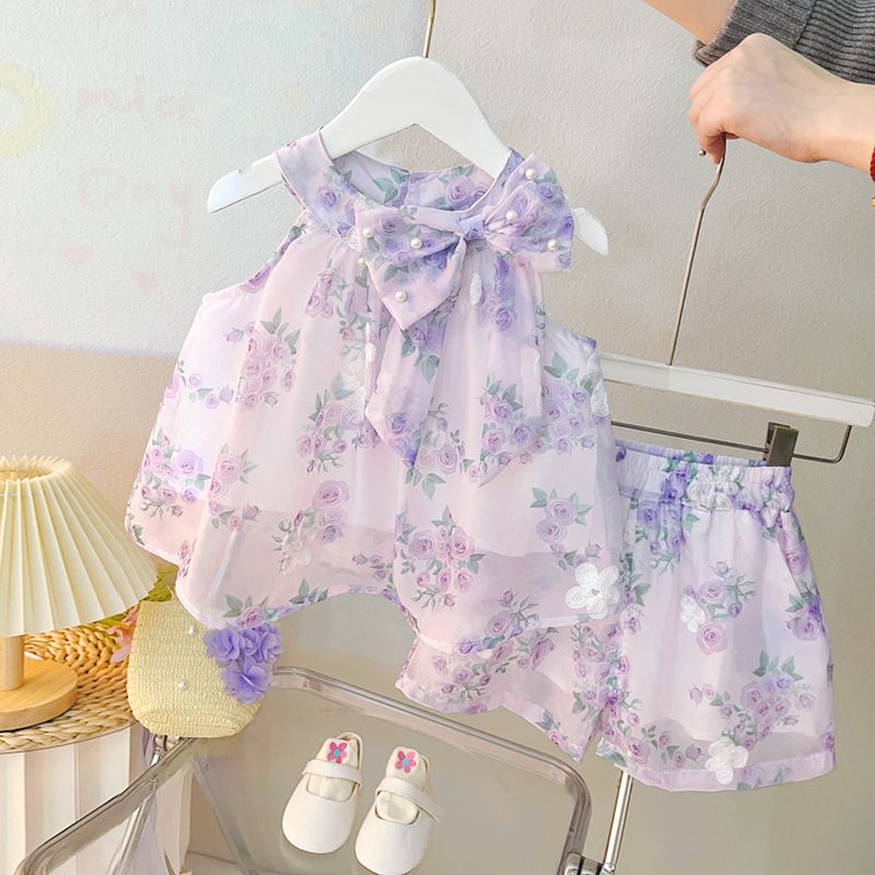 Mädchen Lila Rose Ärmelloses Puppe Hemd Kleid Kleines Mädchen kinder Baby Zwei Stück Set Sommer_voghion.com