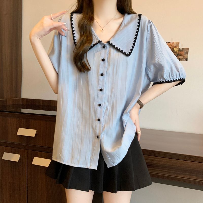 Camicetta blu con spalle scoperte per donna, taglie forti estive, modellante, snellente, stile francese, colletto a bambola, manica corta,_voghion.com