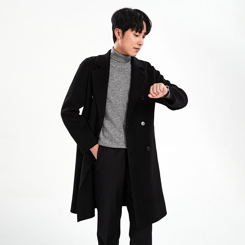 Double-Sided Wool For Men, Solid Color, Autumn And Winter Men's Fashion, Korean Style, New Woolen Mid-Length Trench_voghion.com