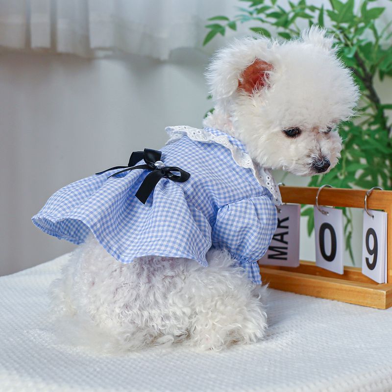 Pet Circle Dog Clothing Cat Clothes Bowknot Lace Collar Edge Black And White Plaid Princess Heart Pearl Dress_voghion.com