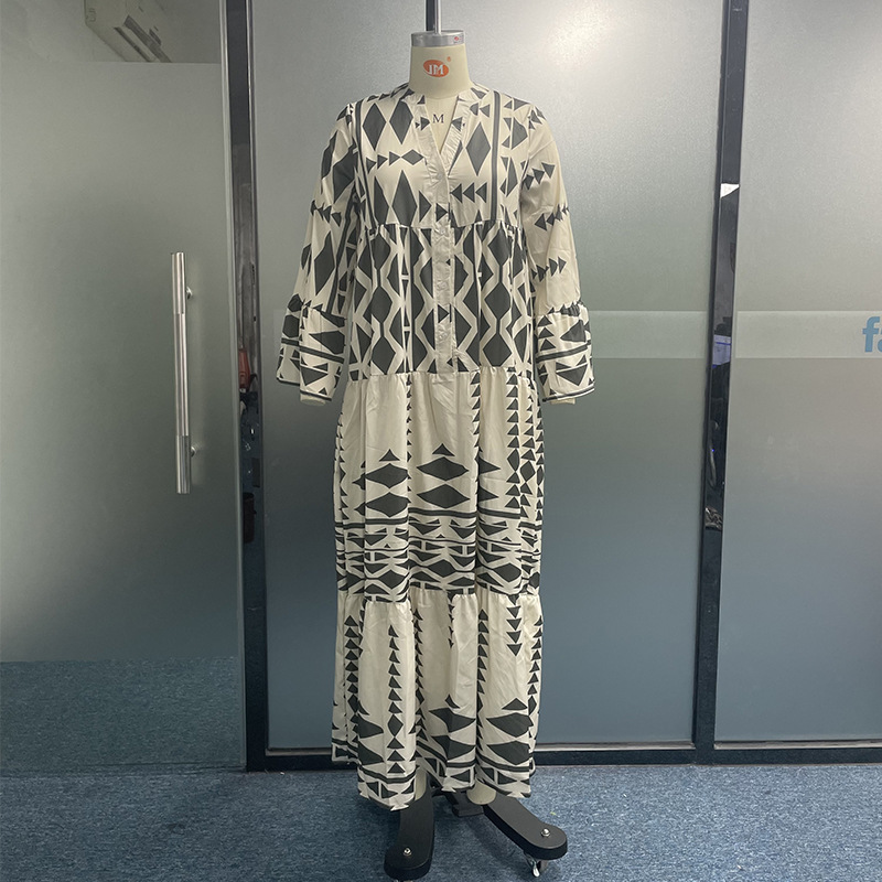 2022 Herbst Langarm Bedrucktes Kleid Damen Neuer Hemdrock_voghion.com