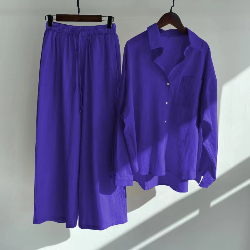 Completo da donna in due pezzi, pantaloni e camicia retrò, 2024, primavera estate, moda, camicia a maniche lunghe in cotone e lino, completo casual da donna_voghion.com