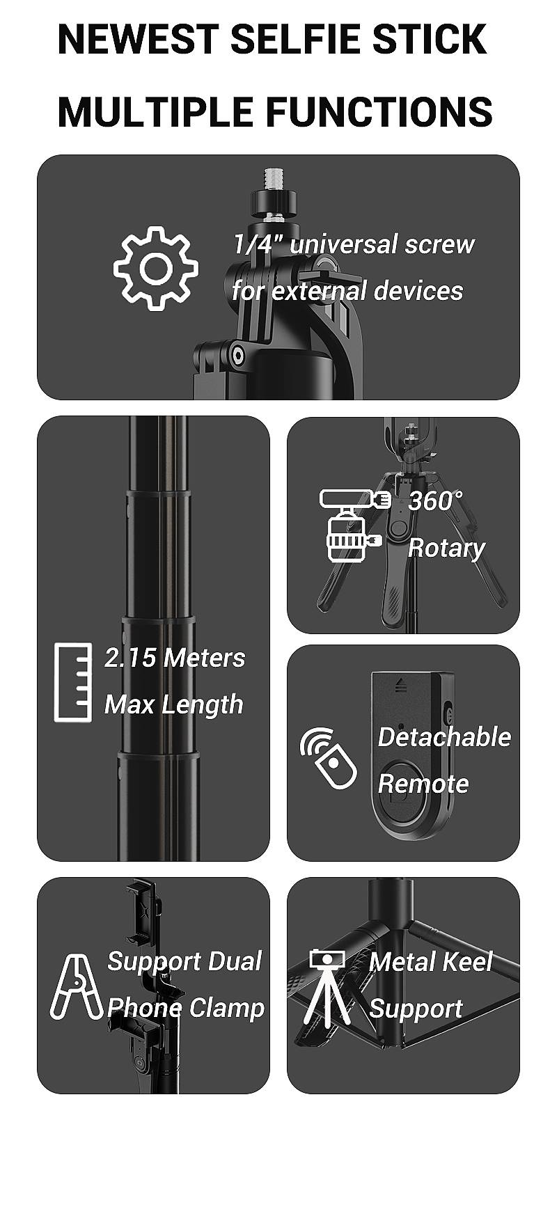 SelfieCom Selfie Stick K29 (2.15M+Bluetooth Remote Control+aluminum Alloy Tube+metal Keel Bracket)_voghion.com