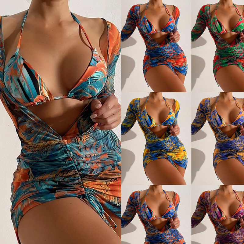 Roupas Nova Moda Sexy Biquíni Blusa de Malha Estampada Três Peças Maiô Feminino_voghion.com