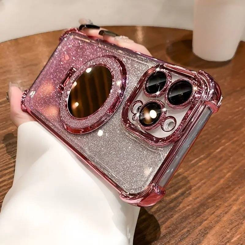 Glitter Mirror Magnetic Stand Case For IPhone 15/14 - Transparent Soft TPU With Reinforced Corners & Electroplated Finish_voghion.com