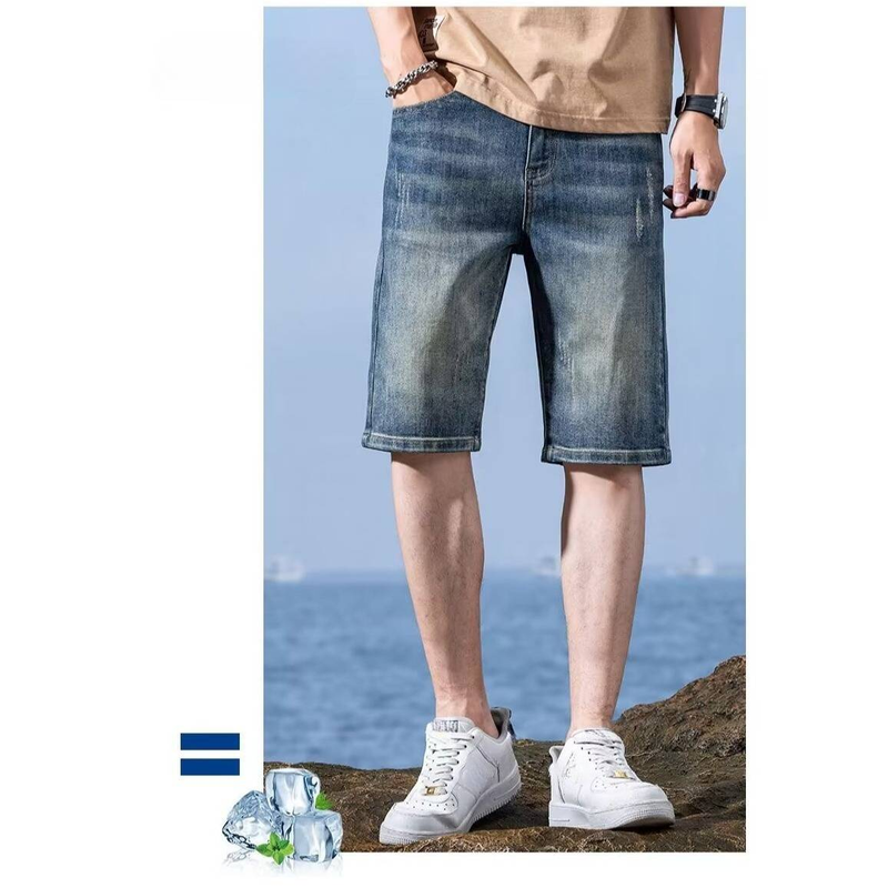 Pantaloncini in denim minimalisti da uomo – Pantaloncini estivi in cotone leggero a metà coscia, casual, da strada (28-36, blu classico, vestibilità dritta, traspiranti ed elasticizzati)_voghion.com