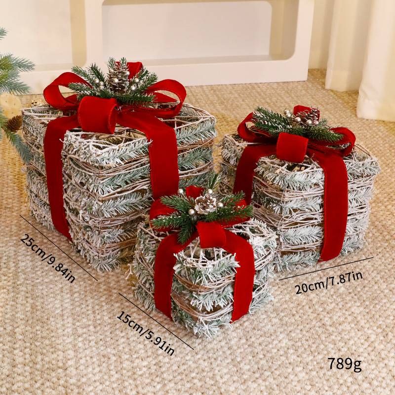 Christmas Decoration Gift Box Trio Set – Stackable Festive Gift Boxes In 10 Elegant Styles (Red/Green/Gold Grid, Glam Gold, Flocked Snow)_voghion.com