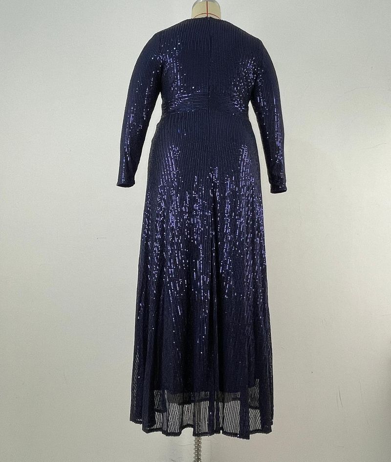 Elegant Plus Size Evening Gown With Sequins - V-Neck Long Sleeve Formal Dress For Wedding, Banquet & Special Occasions (Blue/Black/Wine Red, 0XL-5XL)_voghion.com