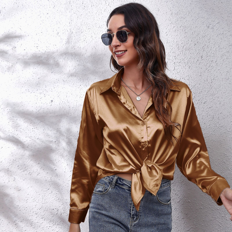 Women's clothing color D shirt satin silk imitation long sleeve shirt_voghion.com