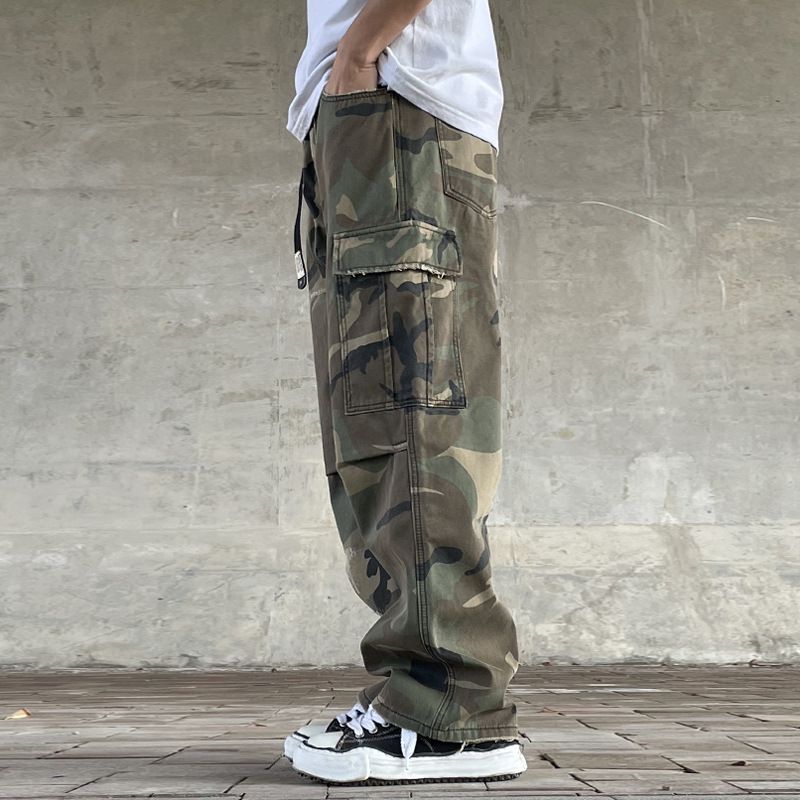 Vintage Streetwear Camo Cargo Pants For Men – Distressed Washed Denim With Handmade Patches & Ripped Details_voghion.com