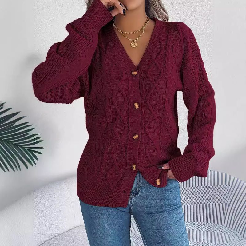 Cardigan in maglia a trecce con bottoni, scollo a V, manica a lanterna, casual, autunno inverno 2025, moda donna_voghion.com