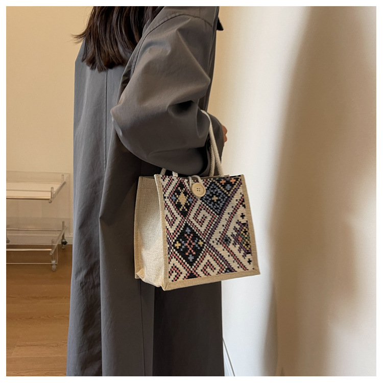 Ethnic Style Canvas Bag for Women, New Fashion for Going Out, Portable Linen Lunch Box, Bento Bag, Hand-held Mommy Bag_voghion.com
