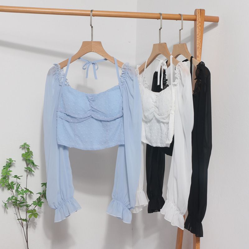 Blusa corta con cuello cuadrado y hombros descubiertos, primavera 2023, nueva blusa de manga larga con cuello halter y lazo para mujer 8876_voghion.com