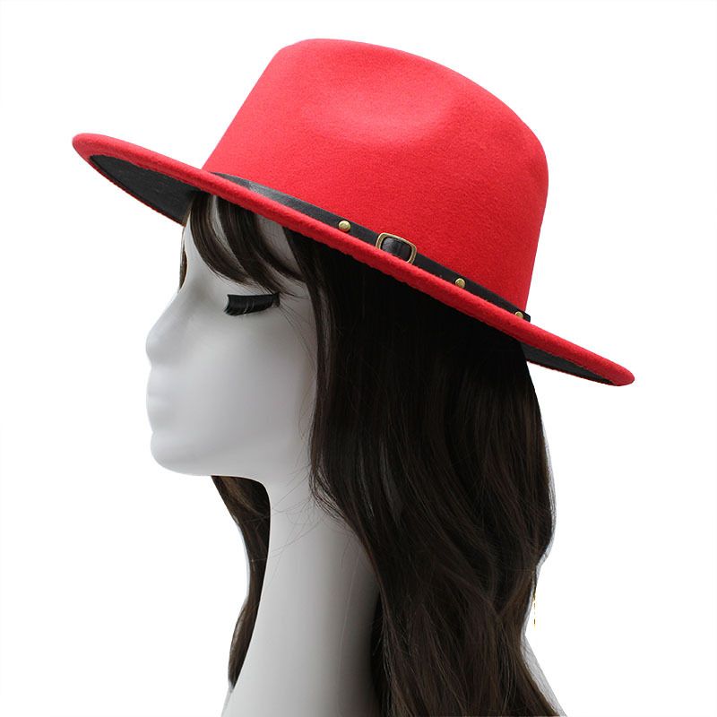 New men's women's woolen top fashionable red and black color matching hat, belt, flat brim jazz hat_voghion.com
