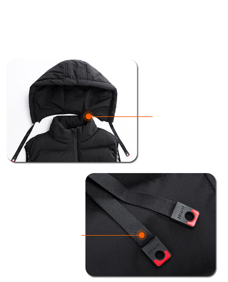 Gilet chauffant pour homme, couleur unie, capuche amovible, vêtements chauffants intelligents épais, chargement USB, gilet chauffant réglable à trois vitesses_voghion.com