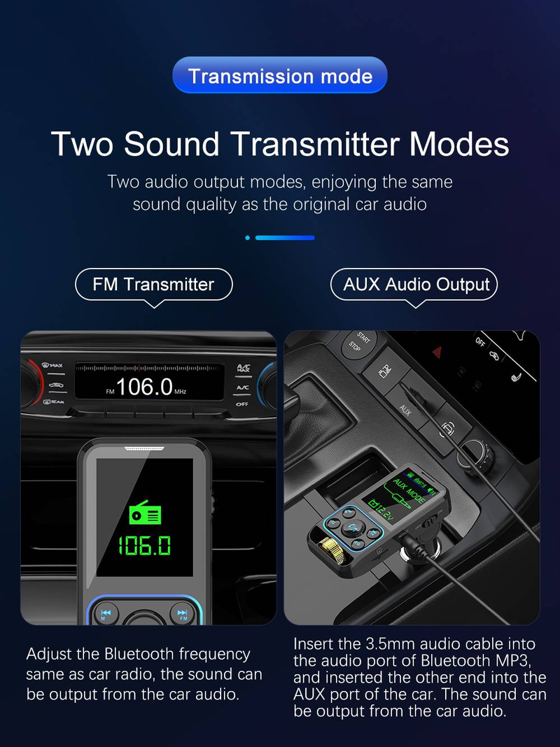 Lecteur MP3 Bluetooth pour voiture BC83 : écran couleur, son HD, appels mains libres, charge rapide et compatibilité avec deux appareils._voghion.com