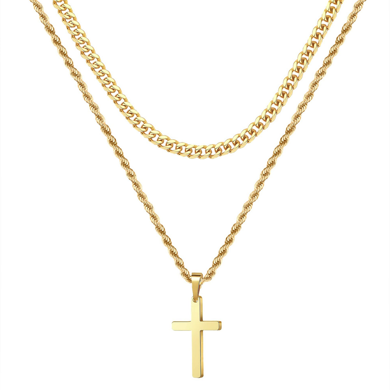 Collana con ciondolo a croce a doppia catena in acciaio inossidabile - Collana rosario a strati placcata oro/nero/canna di fucile per uomo e donna_voghion.com