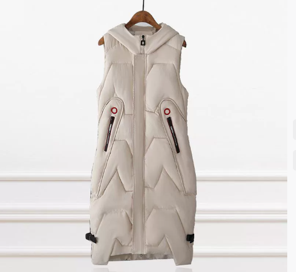 Gilet matelassé à capuche pour femme, longueur genou – Léger, chaud et élégant (noir, vert, beige)_voghion.com