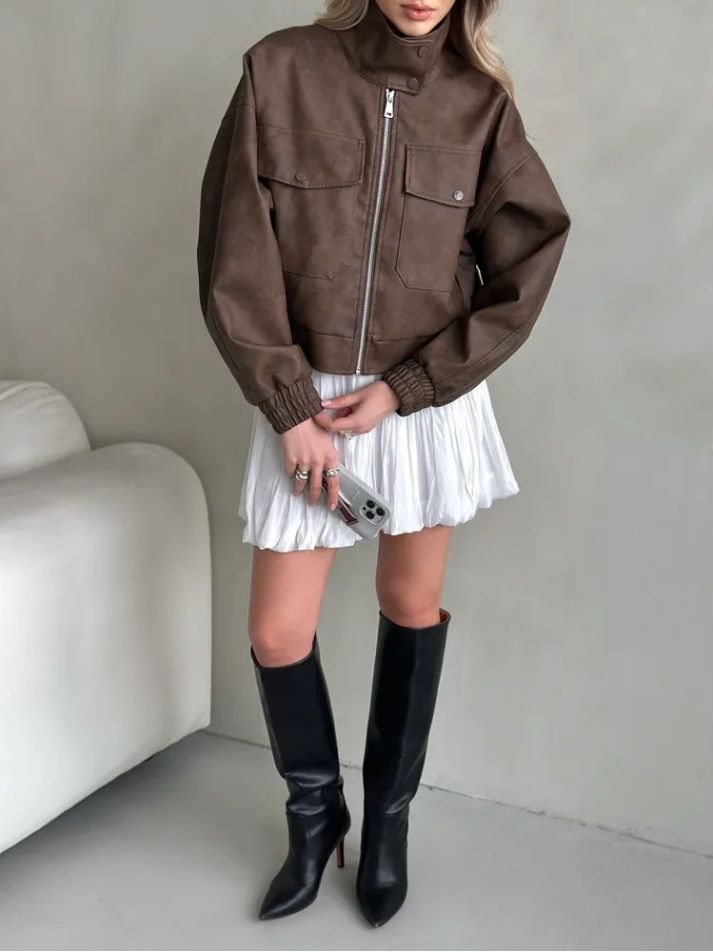 Women's Clothing Vintage Hong Kong Style Faux Leather Jacket For Women With Big Pockets, Lapel Collar, Long Sleeve, Streetwear Fashion_voghion.com