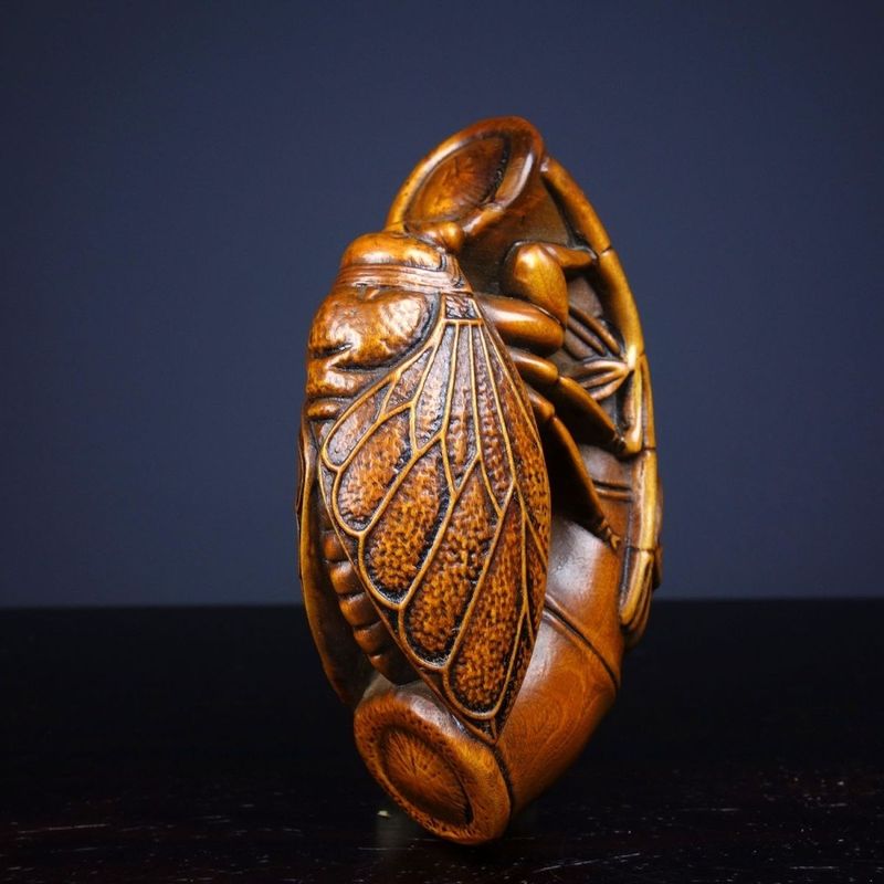 Antique Style Bonsai Wood Carving Handheld Piece Cicada Shines With Fame Craft Length 8cm Width 3cm Height 5cm_voghion.com