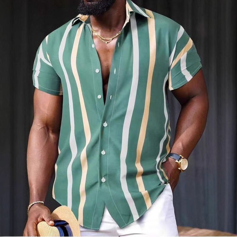 Men's Clothing Youth Casual Daily Loose Tops Short Sleeved Striped 3D Printed Shirt_voghion.com