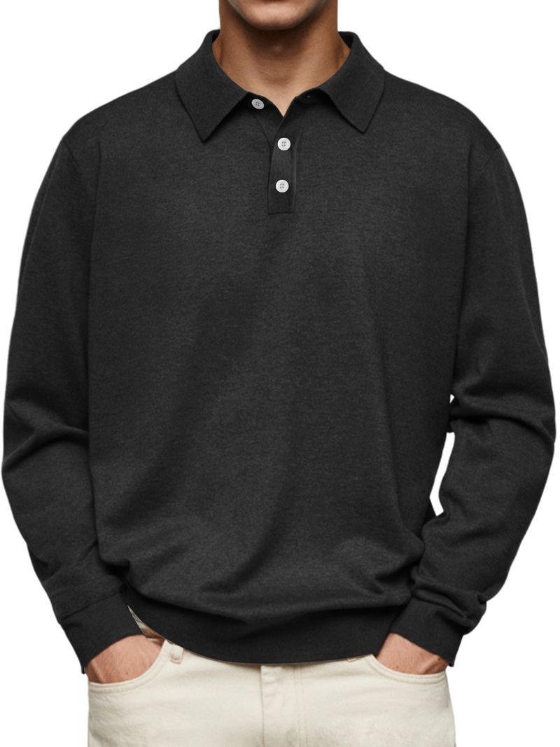 Polo casual da uomo con scollo a V e maniche lunghe, autunnali_voghion.com
