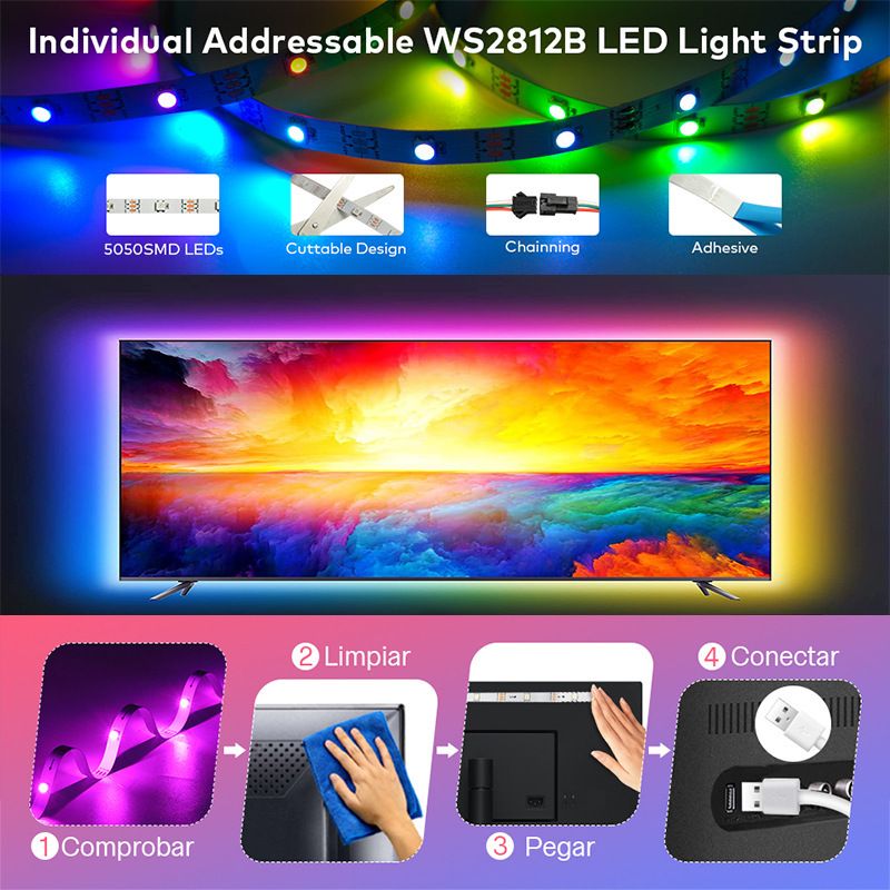 Bande lumineuse LED RGB 5 V WS2812B, télécommande Bluetooth, alimentation USB, étanche IP65, pour décoration intérieure et salle de jeux_voghion.com