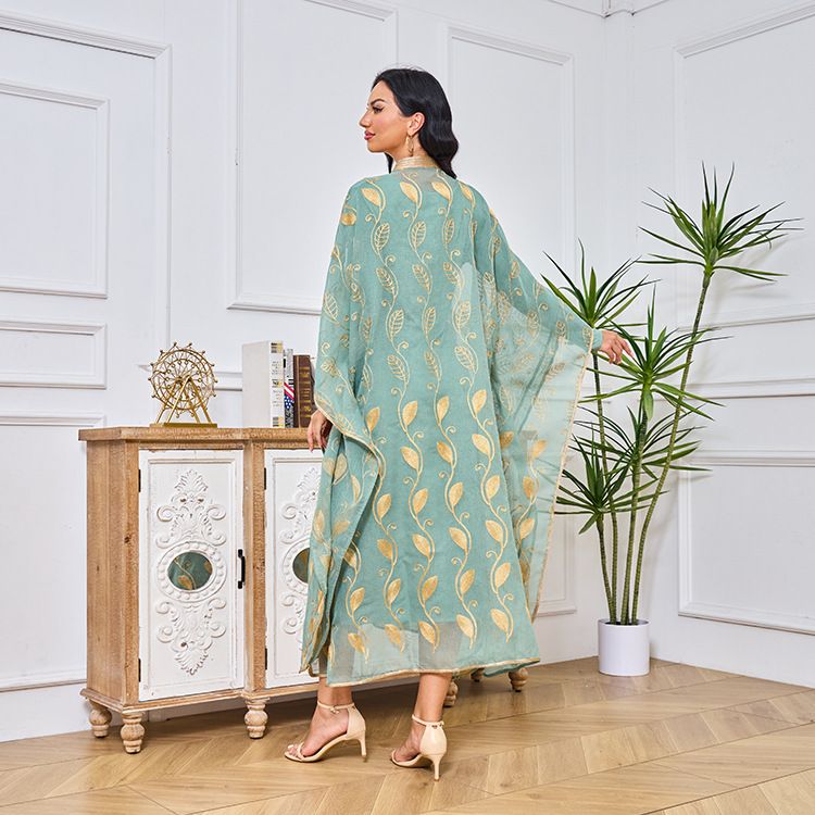 Damenmode Baumwollgarn bestickt Goldband muslimische Robe Weste zweiteiliges Set Abaya Kleid_voghion.com