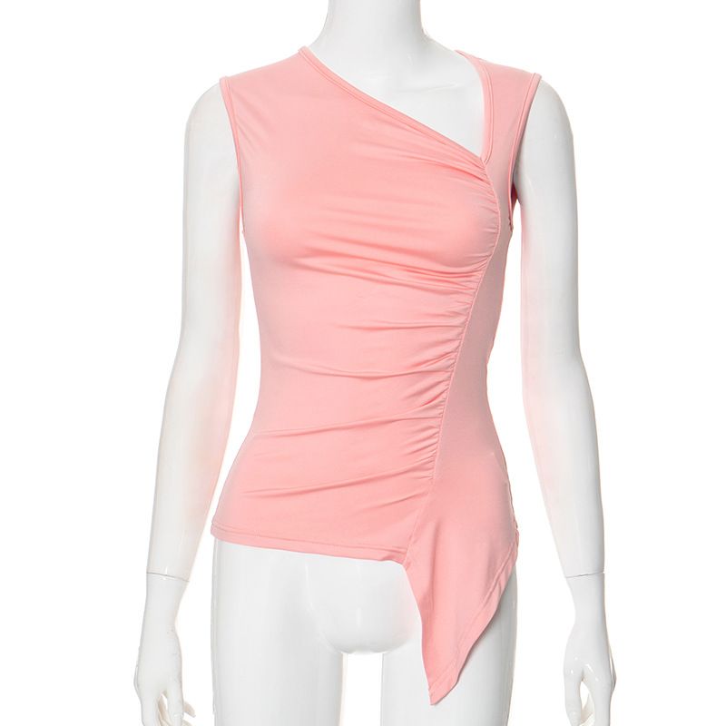 Q24TP352 Women's Summer New Item Solid Color Sleeveless Irregular Sexy Pleated T-shirt Top_voghion.com