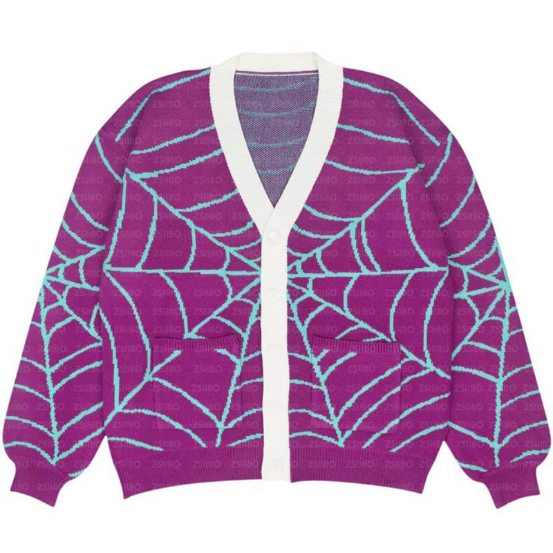 Cardigan rétro à imprimé toile d'araignée – Pull boutonné vintage Y2K (col en V unisexe, coupe oversize, 70 % acrylique, vert/noir/bleu/violet)_voghion.com