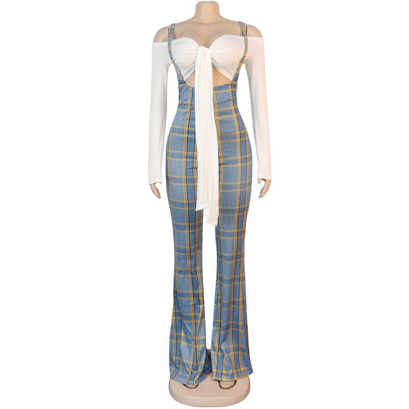 Women's sexy slim line shoulder coat plaid suspenders two-piece set_voghion.com