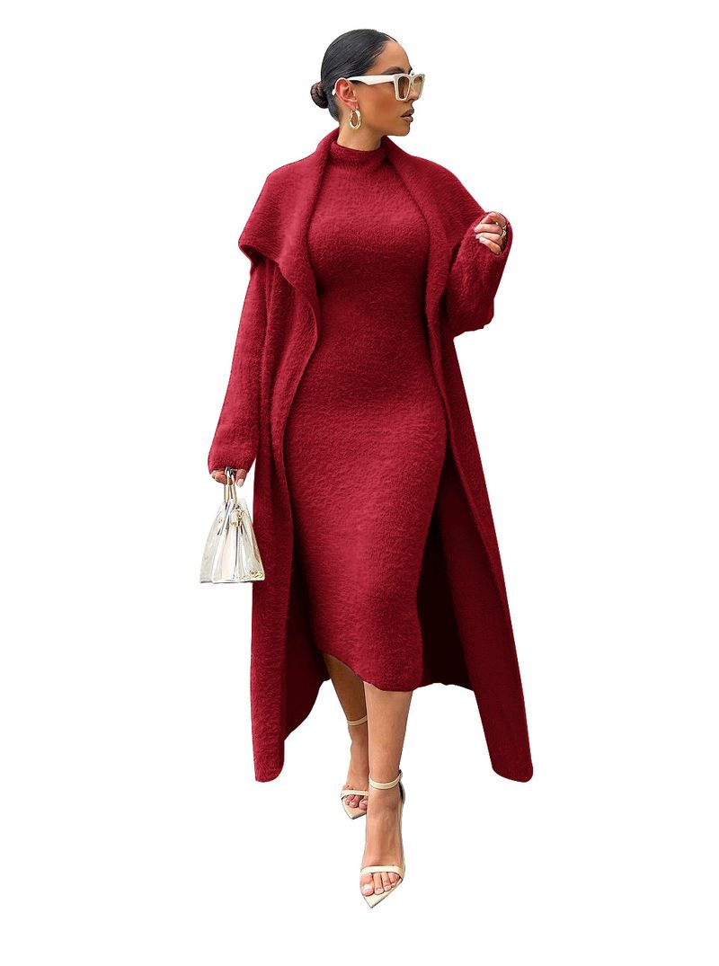 Women's clothing temperament dress and coat two-piece fashion loose long cardigan velvet suit_voghion.com
