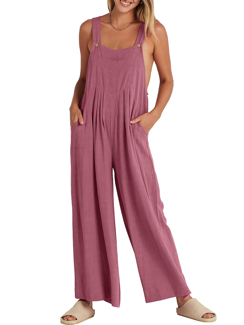 Women's clothing solid color loose casual cotton and linen overalls jumpsuit_voghion.com
