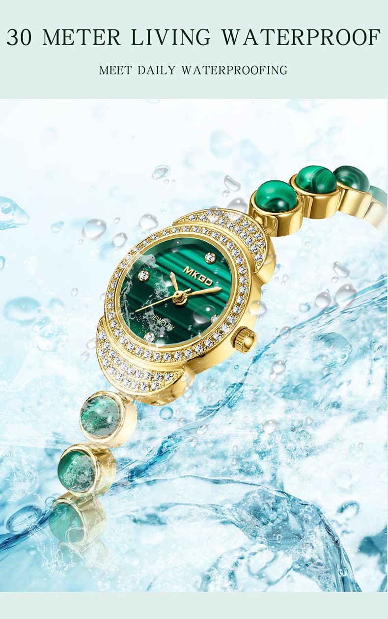 Elegante orologio da donna con bracciale decorato con pietre preziose verde pavone e diamanti - Movimento al quarzo giapponese, resistente all'acqua fino a 30 m, chiusura in acciaio inossidabile_voghion.com