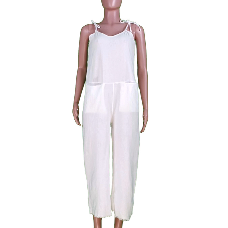 Damen-Overall aus einfarbigem Bambus-Leinen mit sexy Hosenträgern_voghion.com