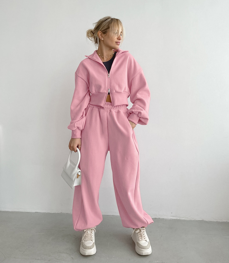 Sweat à capuche en polaire tricoté pour femmes, survêtement deux pièces à double fermeture éclair, à la mode_voghion.com