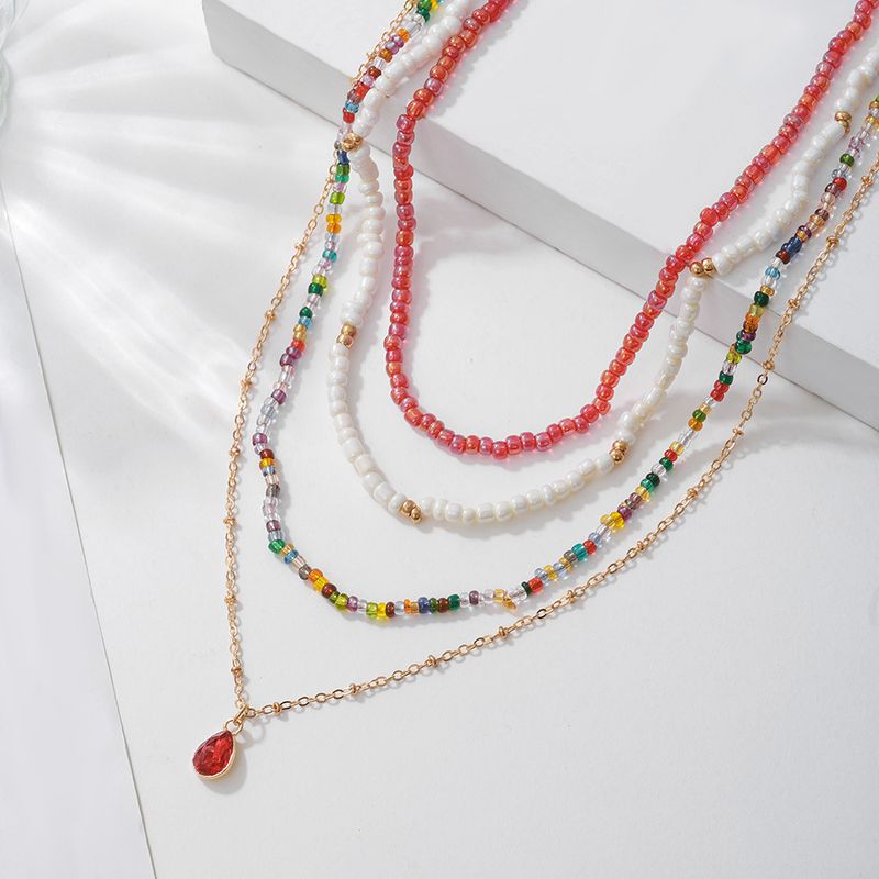 New Bohemian style pearl multi-layer colorful rice collarbone chain color blocked bead stacking necklace_voghion.com