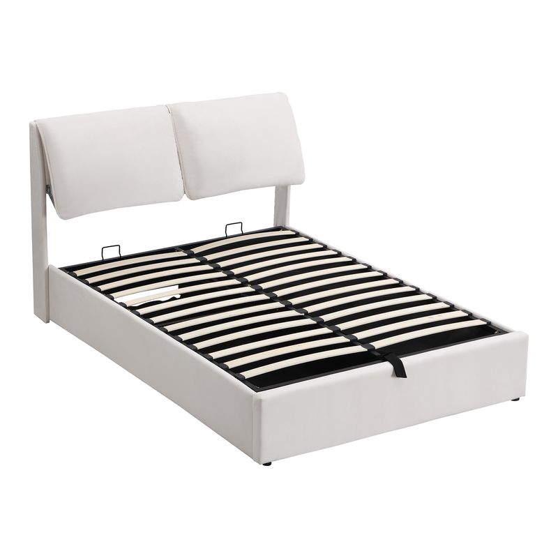 Lit coffre hydraulique 140 x 200 cm, 3 tiroirs, cadre de lit capitonné en velours beige avec sommier à lattes et tête de lit, matelas non inclus._voghion.com