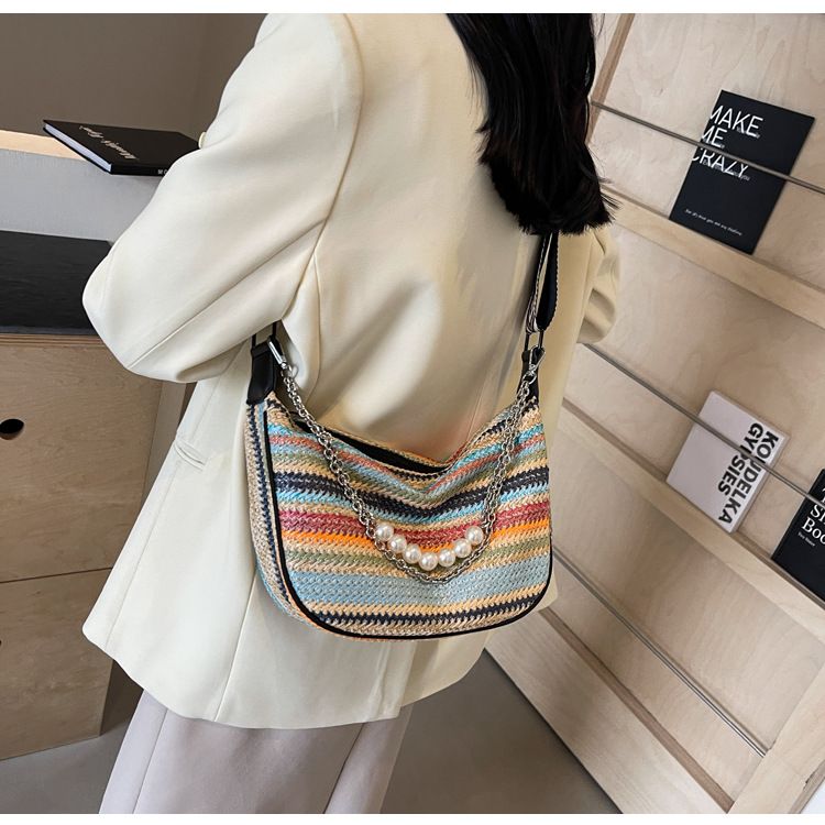 Sac à bandoulière simple tissé en herbe bohème pour femmes, nouvelle mode 2025, motif croix diagonale, motif boulettes_voghion.com