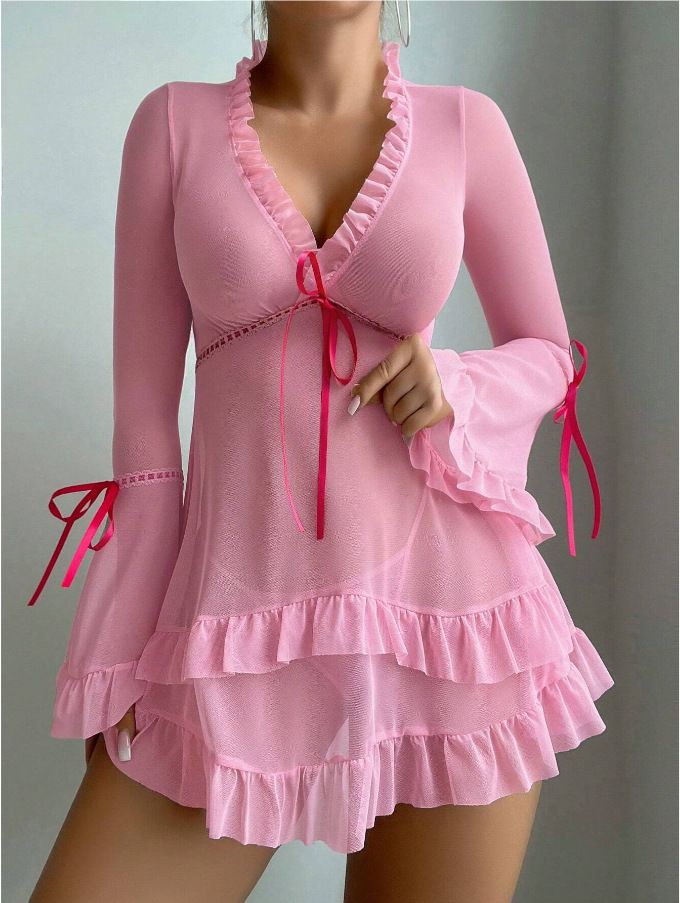 Neues sexy Dessous-Set aus transparentem Netzstoff mit Glockenärmeln und Rüschensaum_voghion.com