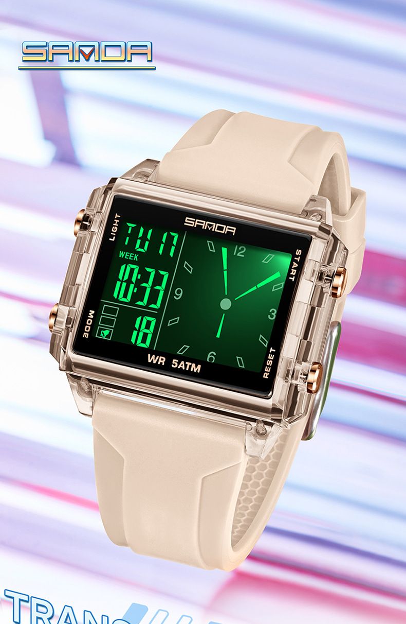 Square Multi-Function Digital Analog Watch With Transparent Case, Dual Time Display, Alarm, Stopwatch, Waterproof, And Luminous Feature_voghion.com