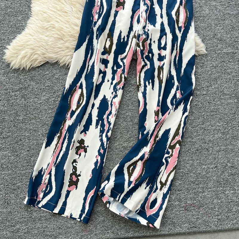 Women's Clothing Two Piece Suit Cross Waist Round Neck Short Sleeves Printed Top High Waist Casual Wide Leg Pants_voghion.com
