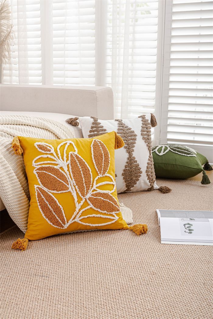 Federa per cuscino con ricamo a foglia - 45x45 cm in policotone per divano, letto, soggiorno - Arredamento moderno in stile bohémien_voghion.com