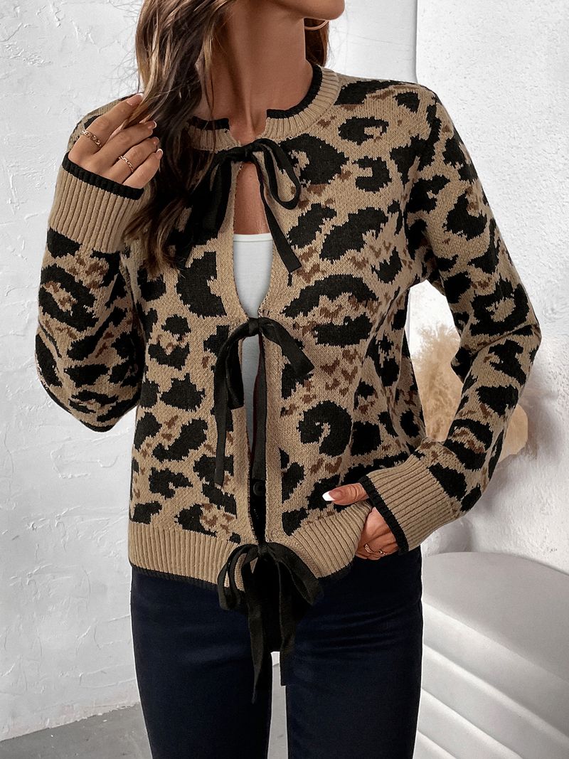 Women's Clothing new leopard print bow tie knitted sweater autumn and winter long sleeved cardigan top_voghion.com