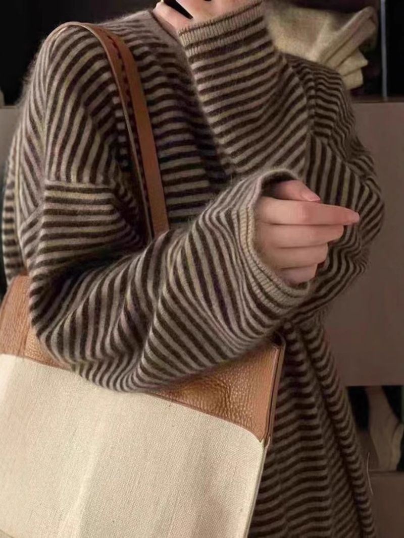 Stil Pullover Gestreift Gestrickt Für Frauen Herbst Winter Mittellangen Inneren Passenden Mantel Basis Wolle Langes Kleid_voghion.com